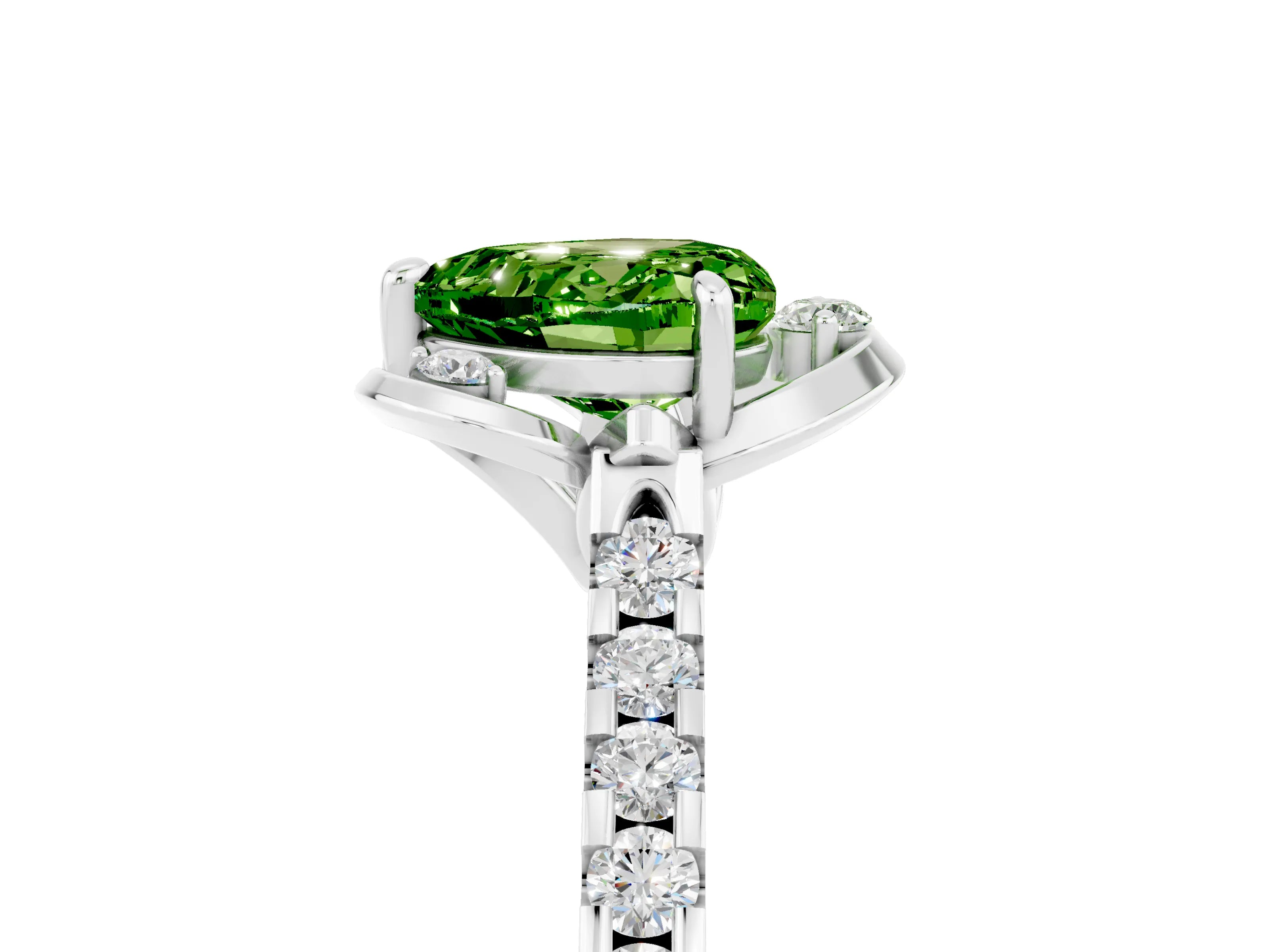 White gold Heart Cut Peridot Ring with Pavé Band and Floral Prong Setting_5