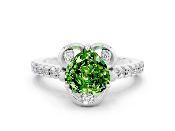 Silver Heart Cut Peridot Ring with Pavé Band and Floral Prong Setting