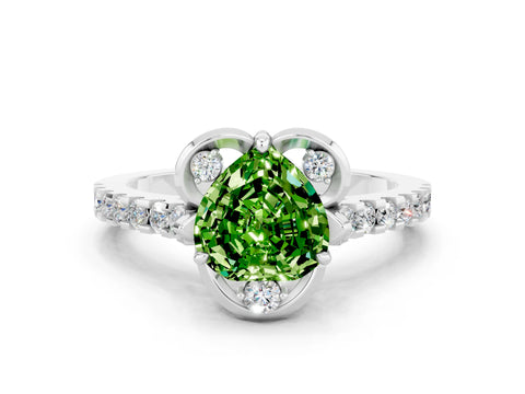 White gold Heart Cut Peridot Ring with Pavé Band and Floral Prong Setting