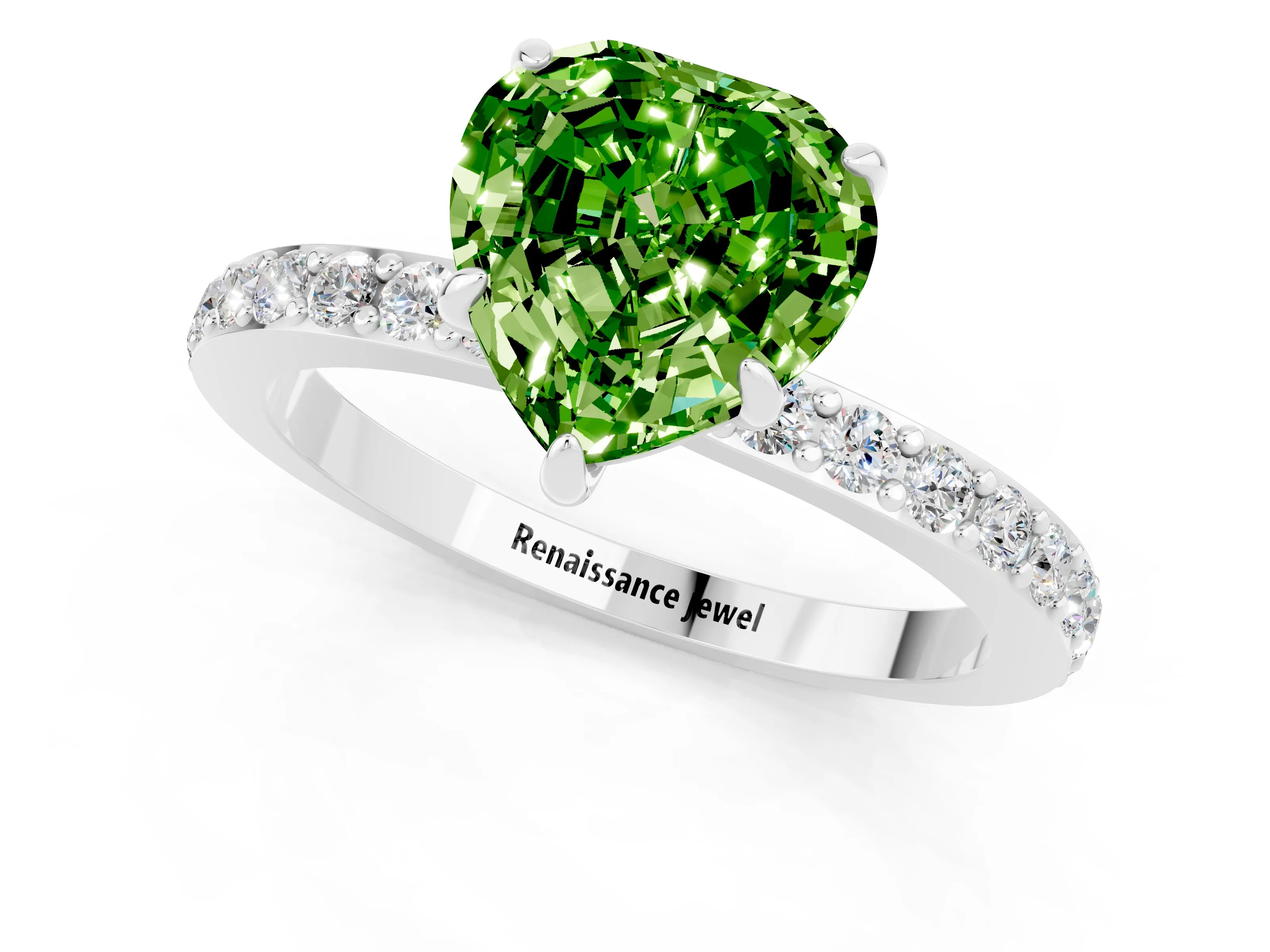 White gold Heart Cut Peridot Ring with Pavé Band and Four-Prong Setting_1