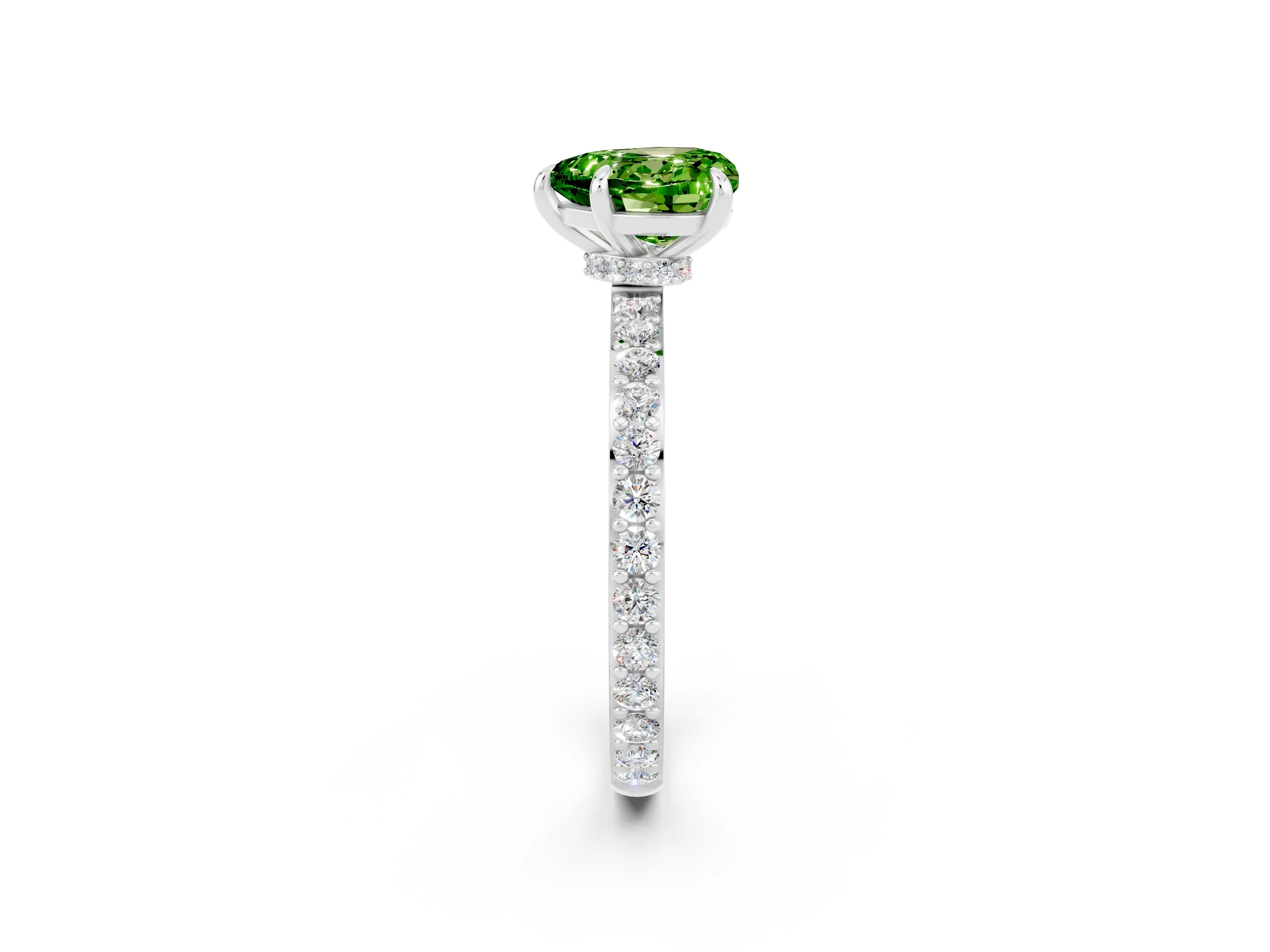 White gold Heart Cut Peridot Ring with Pavé Band and Four-Prong Setting_2