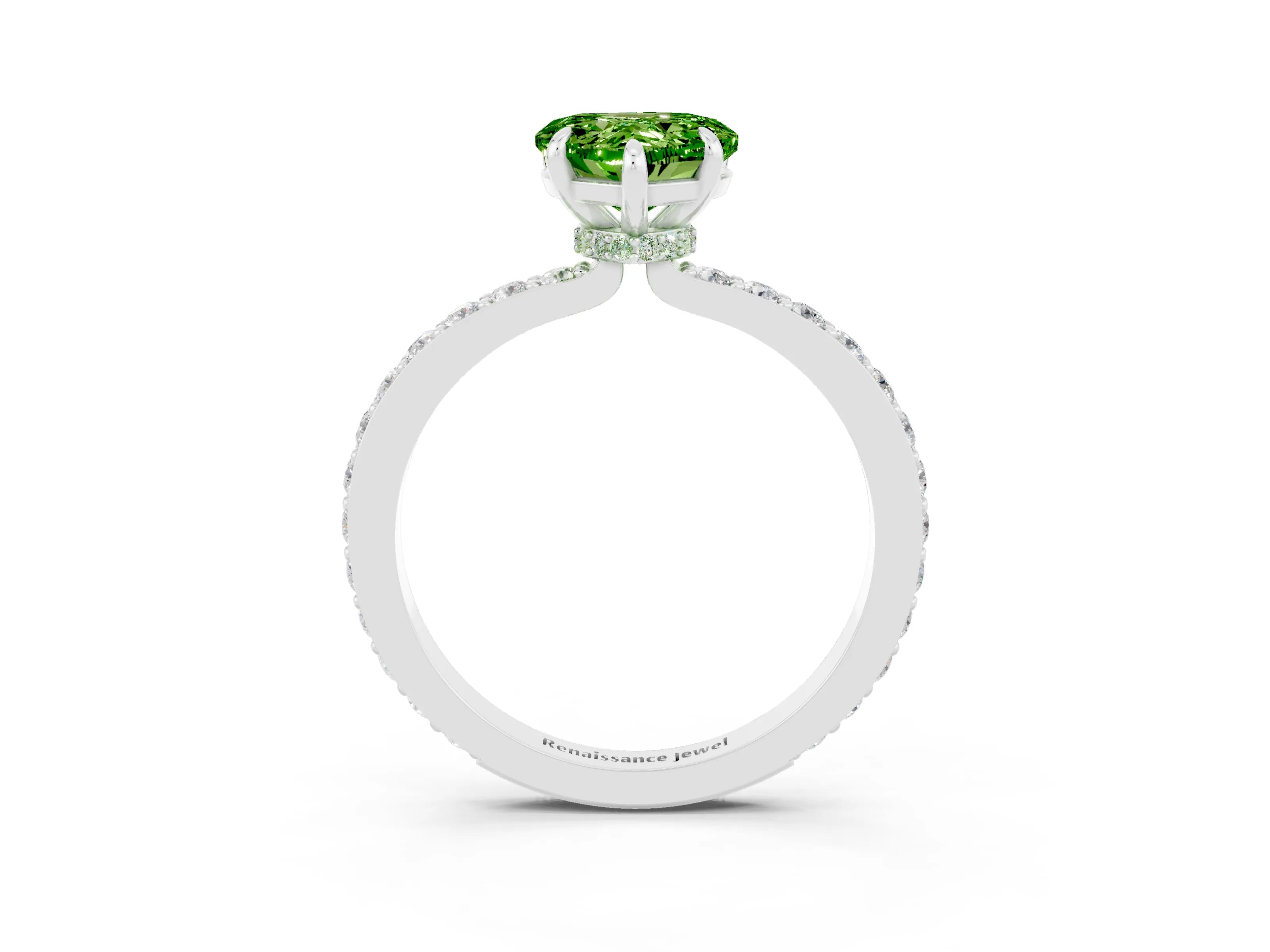 White gold Heart Cut Peridot Ring with Pavé Band and Four-Prong Setting_3