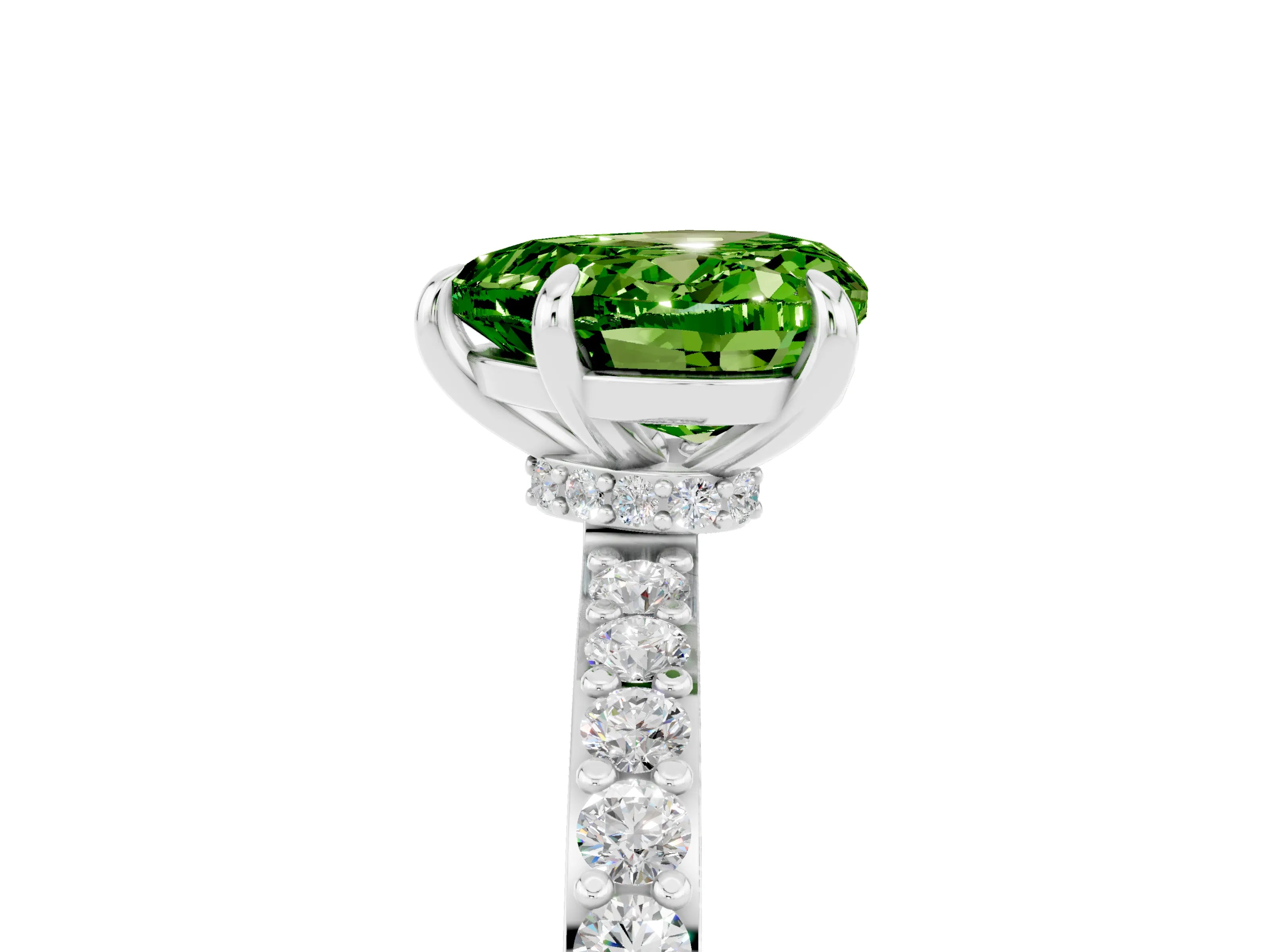 White gold Heart Cut Peridot Ring with Pavé Band and Four-Prong Setting_5