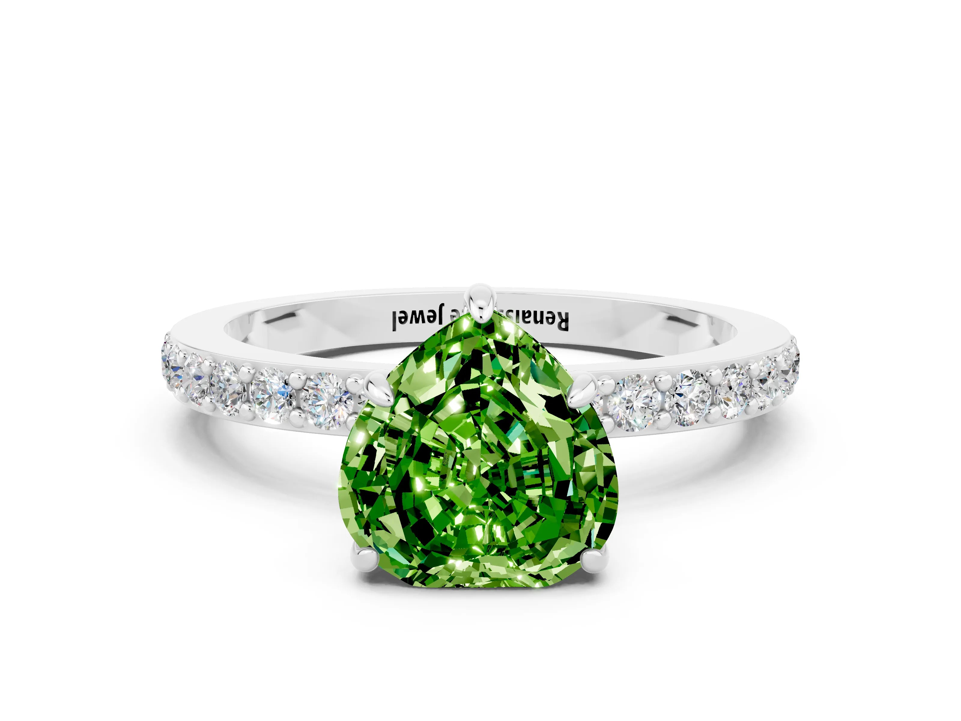 White gold Heart Cut Peridot Ring with Pavé Band and Four-Prong Setting