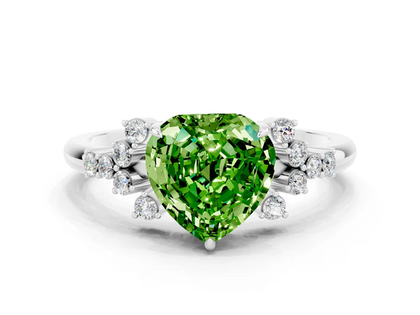 White gold Heart Cut Peridot Ring with Side Stones and Four-Prong Setting