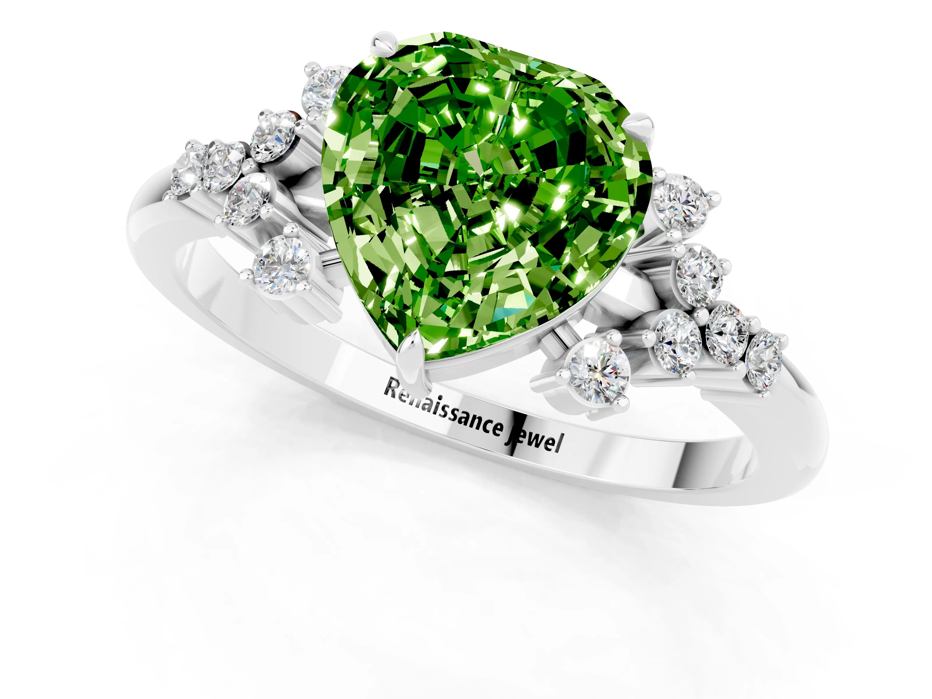White gold Heart Cut Peridot Ring with Side Stones and Four-Prong Setting_37