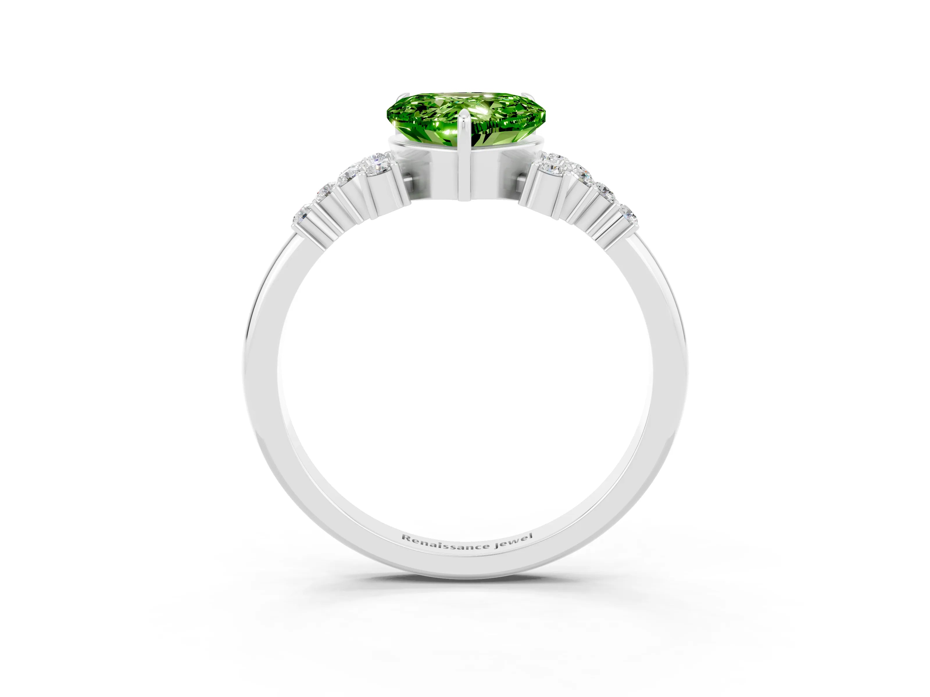 White gold Heart Cut Peridot Ring with Side Stones and Four-Prong Setting_39