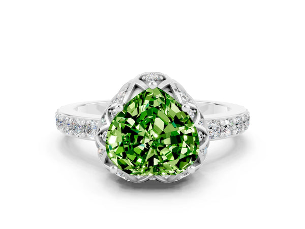 Platinum Heart Cut Peridot Scalloped Halo Engagement Ring with Round Shared Prong Band