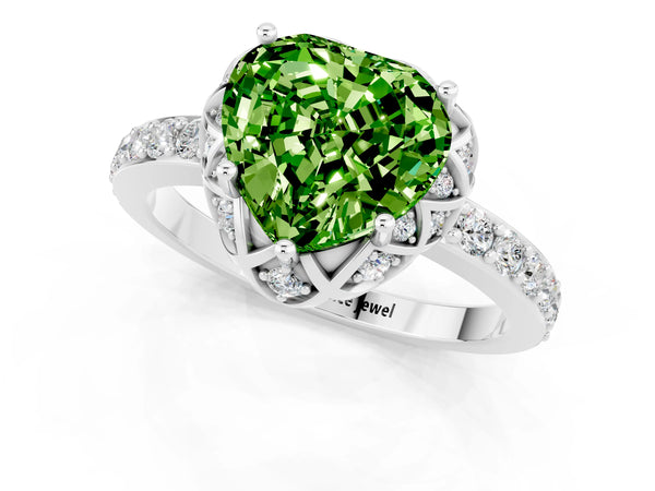 Platinum Heart Cut Peridot Scalloped Halo Engagement Ring with Round Shared Prong Band