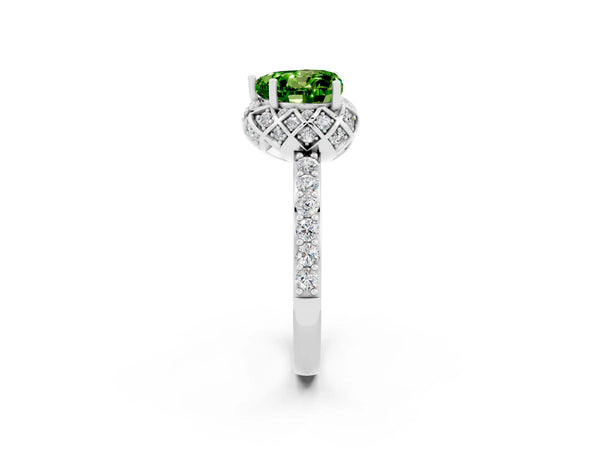 Platinum Heart Cut Peridot Scalloped Halo Engagement Ring with Round Shared Prong Band