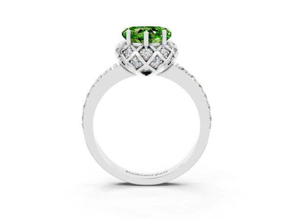 Platinum Heart Cut Peridot Scalloped Halo Engagement Ring with Round Shared Prong Band