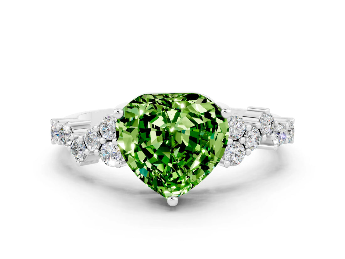 White gold Heart Cut Peridot Scattered Round Accent Ring with Prong Setting_24
