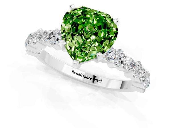 Platinum Heart Cut Peridot Side Stone Solitaire Ring with Round  and Four-Prong Setting