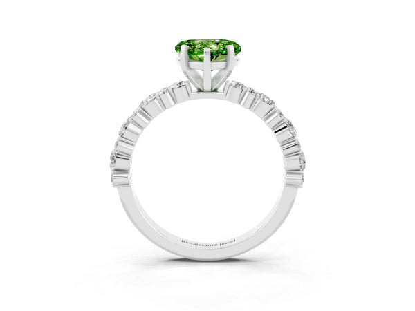 White gold Heart Cut Peridot Side Stone Solitaire Ring with Round  and Four-Prong Setting