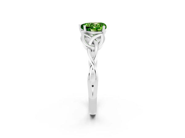 White gold Heart Cut Peridot Solitaire Celtic Knot Ring with Four-Prong Setting