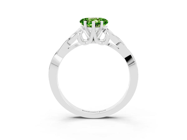 White gold Heart Cut Peridot Solitaire Celtic Knot Ring with Four-Prong Setting