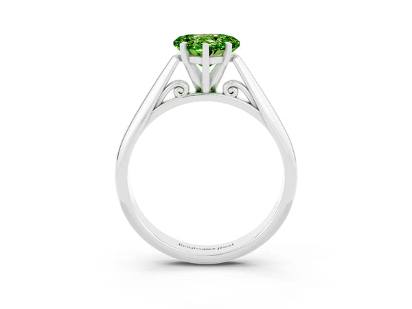 Platinum Heart Cut Peridot Solitaire Engagement Ring with Cathedral Setting and Four-Prong Mount