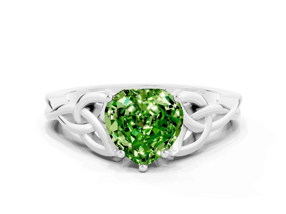 White gold Heart Cut Peridot Solitaire Engagement Ring with Celtic Knot Band and Four-Prong Setting
