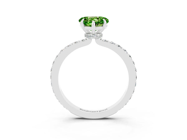 Silver Heart Cut Peridot Solitaire Engagement Ring with Pavé Band and Four-Prong Setting