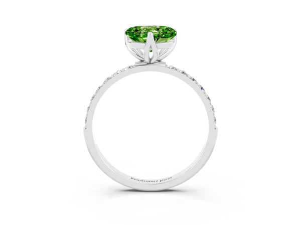 Silver Heart Cut Peridot Solitaire Engagement Ring with Round  Pavé Band and Prong Setting