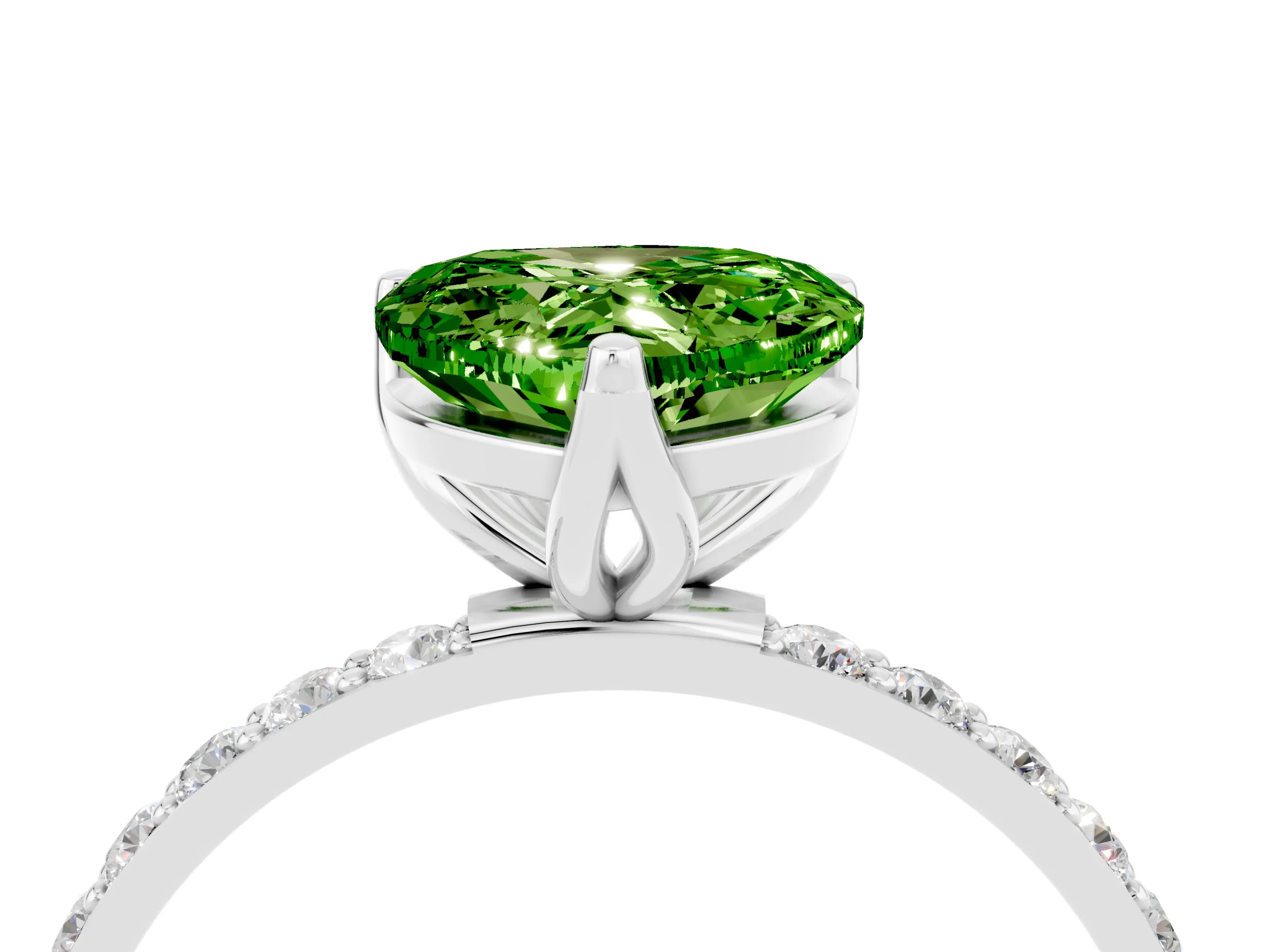 White gold Heart Cut Peridot Solitaire Engagement Ring with Pavé Band and Prong Setting_4