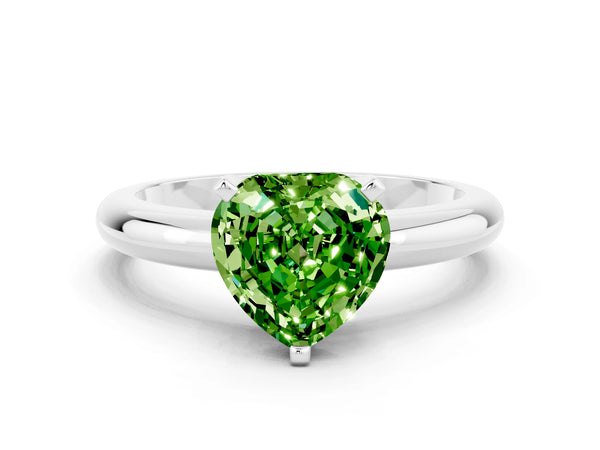 Platinum Heart Cut Peridot Solitaire Engagement Ring with Round Band and Four-Prong Setting
