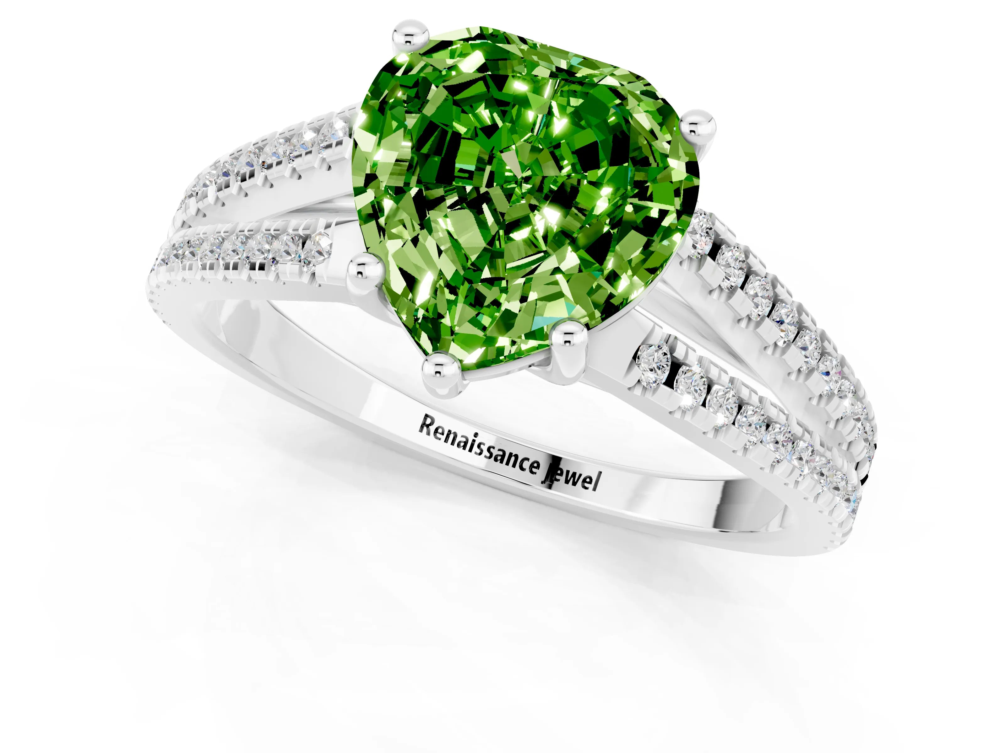 White gold Heart Cut Peridot Solitaire Engagement Ring with Split Shank Pavé Band_1
