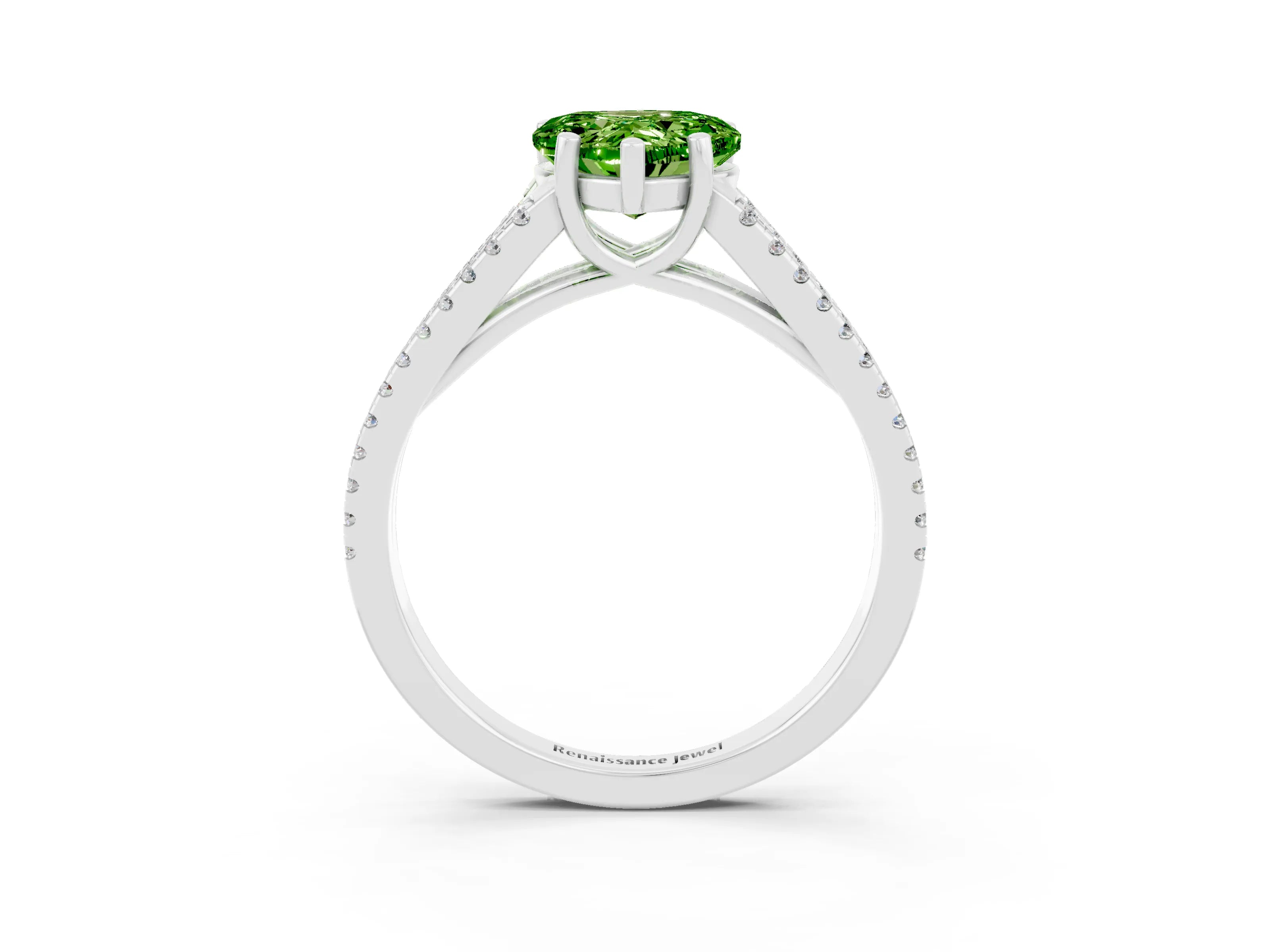 White gold Heart Cut Peridot Solitaire Engagement Ring with Split Shank Pavé Band_3