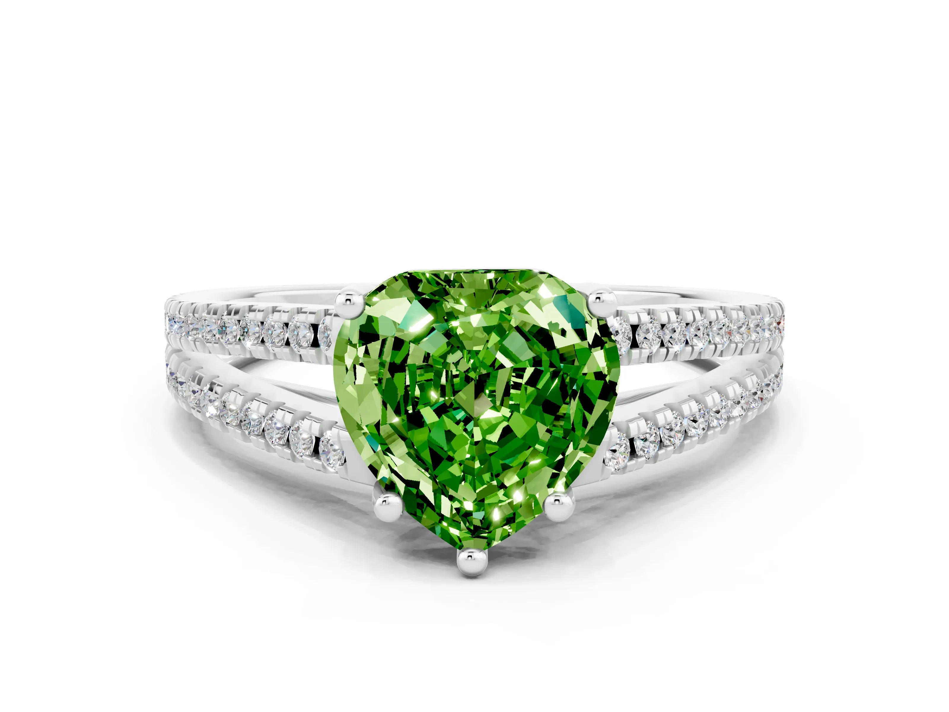 White gold Heart Cut Peridot Solitaire Engagement Ring with Split Shank Pavé Band