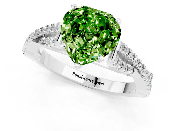 Silver Heart Cut Peridot Solitaire Engagement Ring with Twisted Pavé Band and Four-Prong Setting