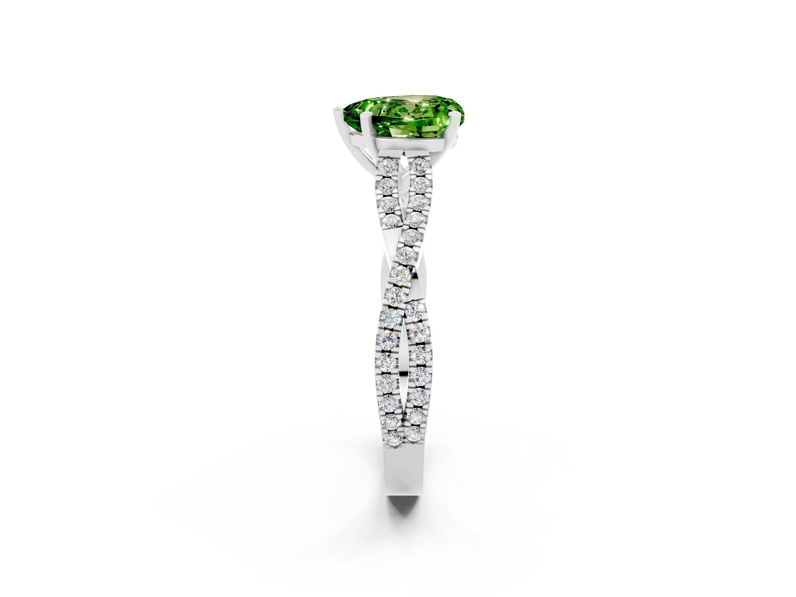 White gold Heart Cut Peridot Solitaire Engagement Ring with Twisted Pavé Band and Four-Prong Setting_14