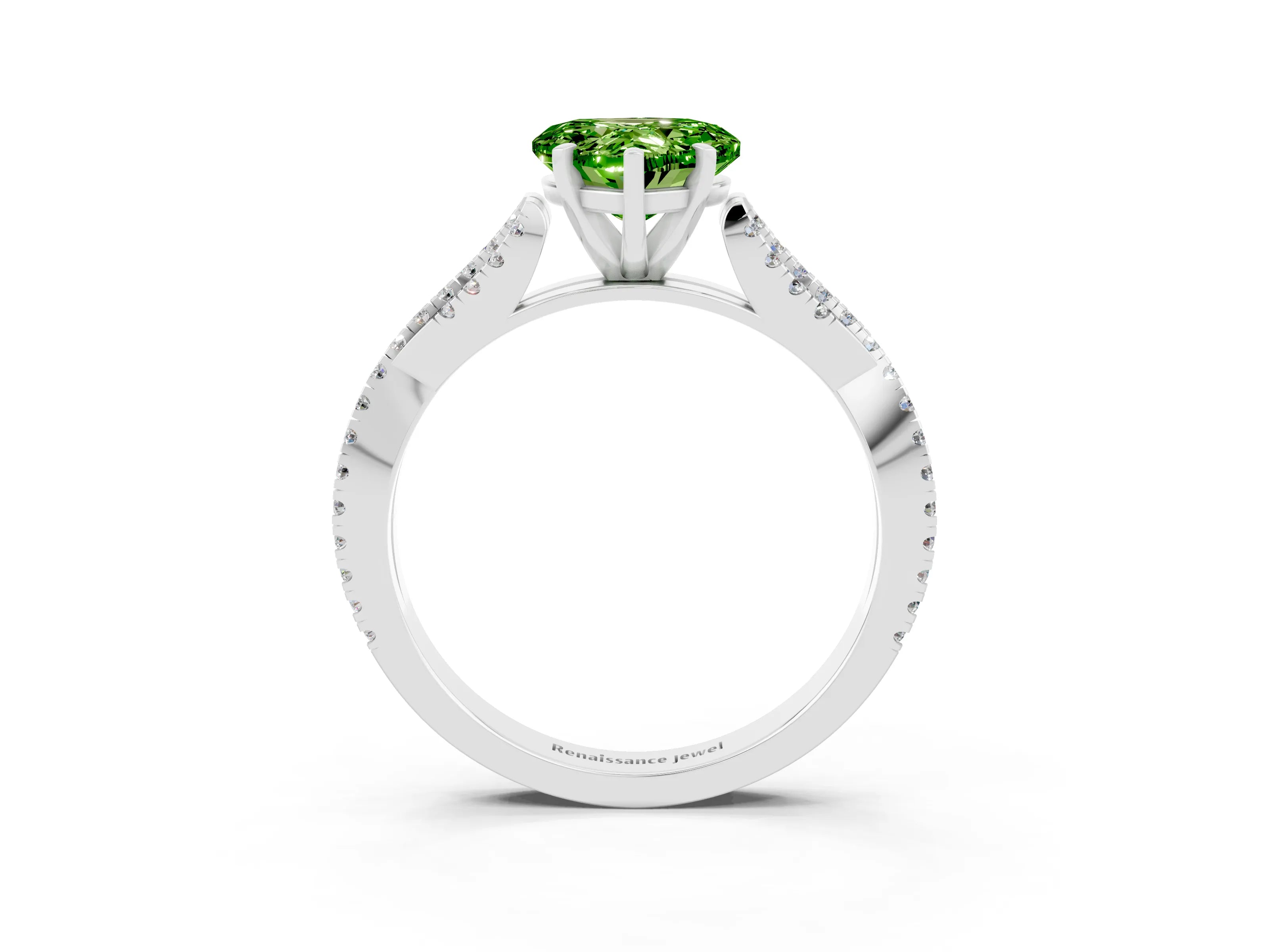 White gold Heart Cut Peridot Solitaire Engagement Ring with Twisted Pavé Band and Four-Prong Setting_15