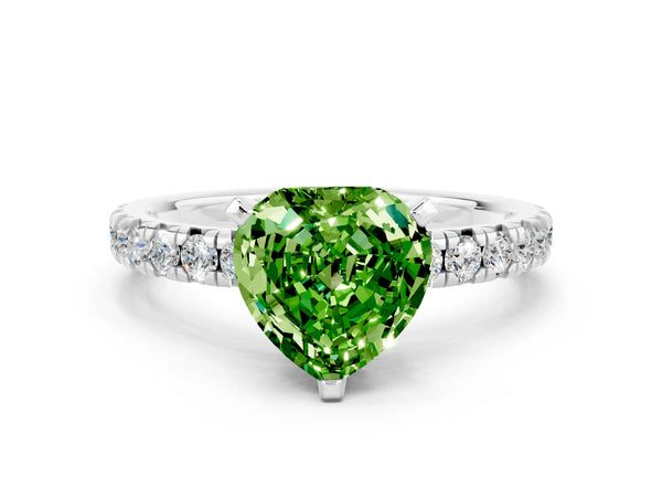 Platinum Heart Cut Peridot Solitaire Pavé Engagement Ring with Round Band and Prong Setting