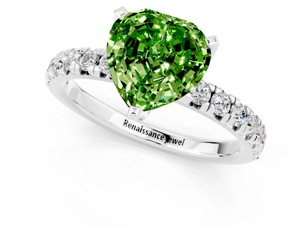 Silver Heart Cut Peridot Solitaire Pavé Engagement Ring with Round Band and Prong Setting
