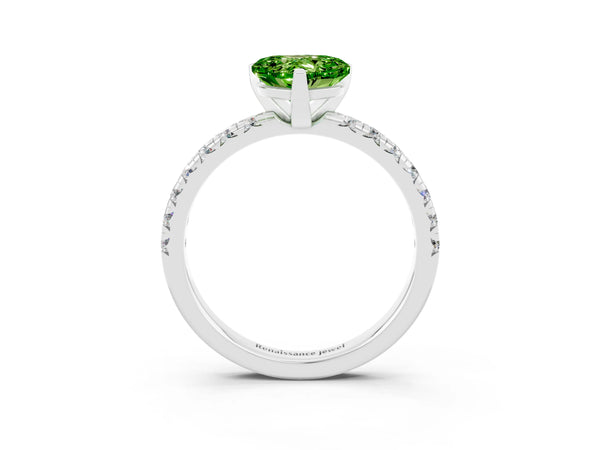 Silver Heart Cut Peridot Solitaire Pavé Engagement Ring with Round Band and Prong Setting