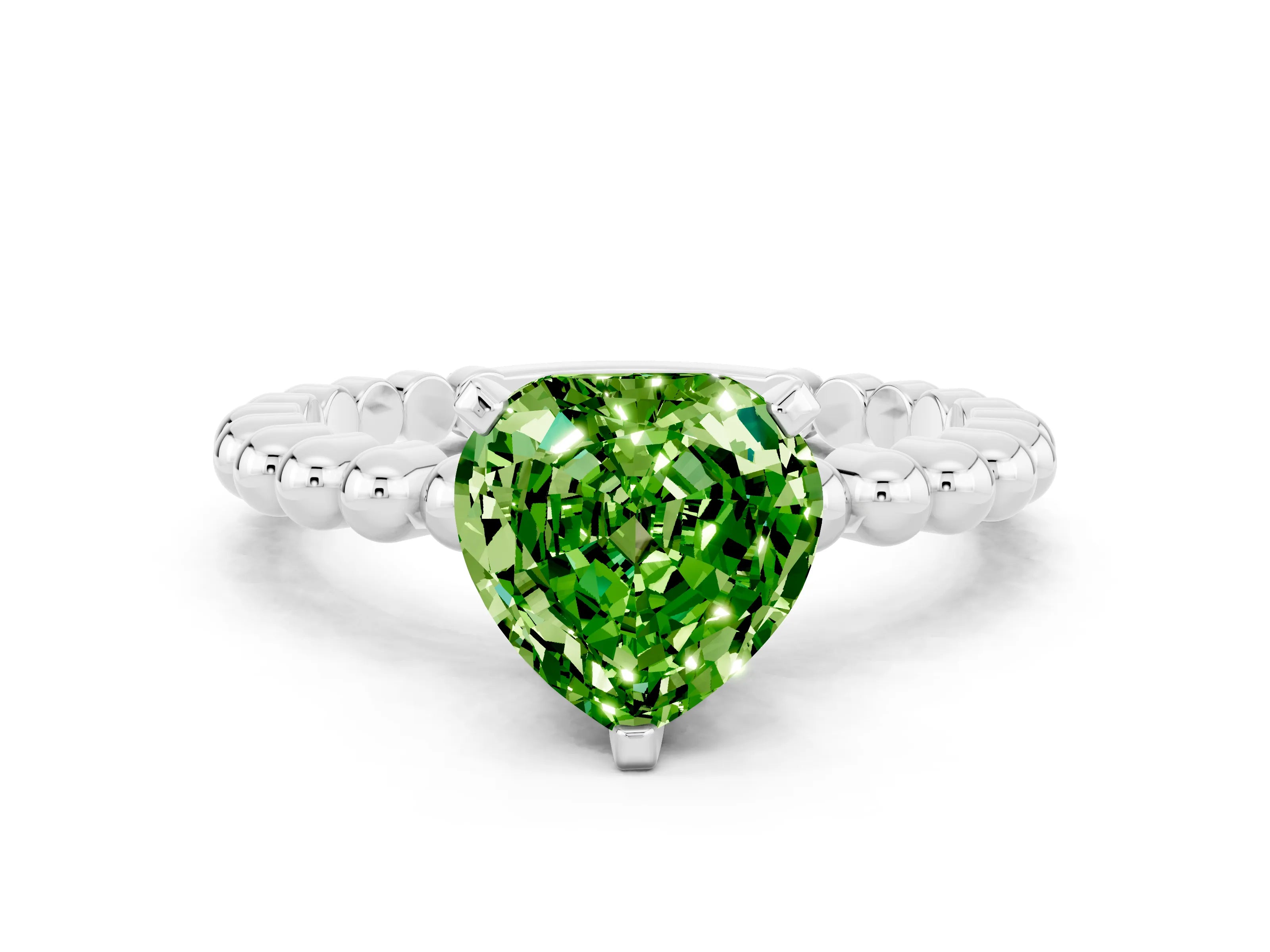 White gold Heart Cut Peridot Solitaire Ring with Beaded Band and Prong Setting_12