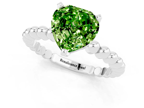 White gold Heart Cut Peridot Solitaire Ring with Beaded Band and Prong Setting