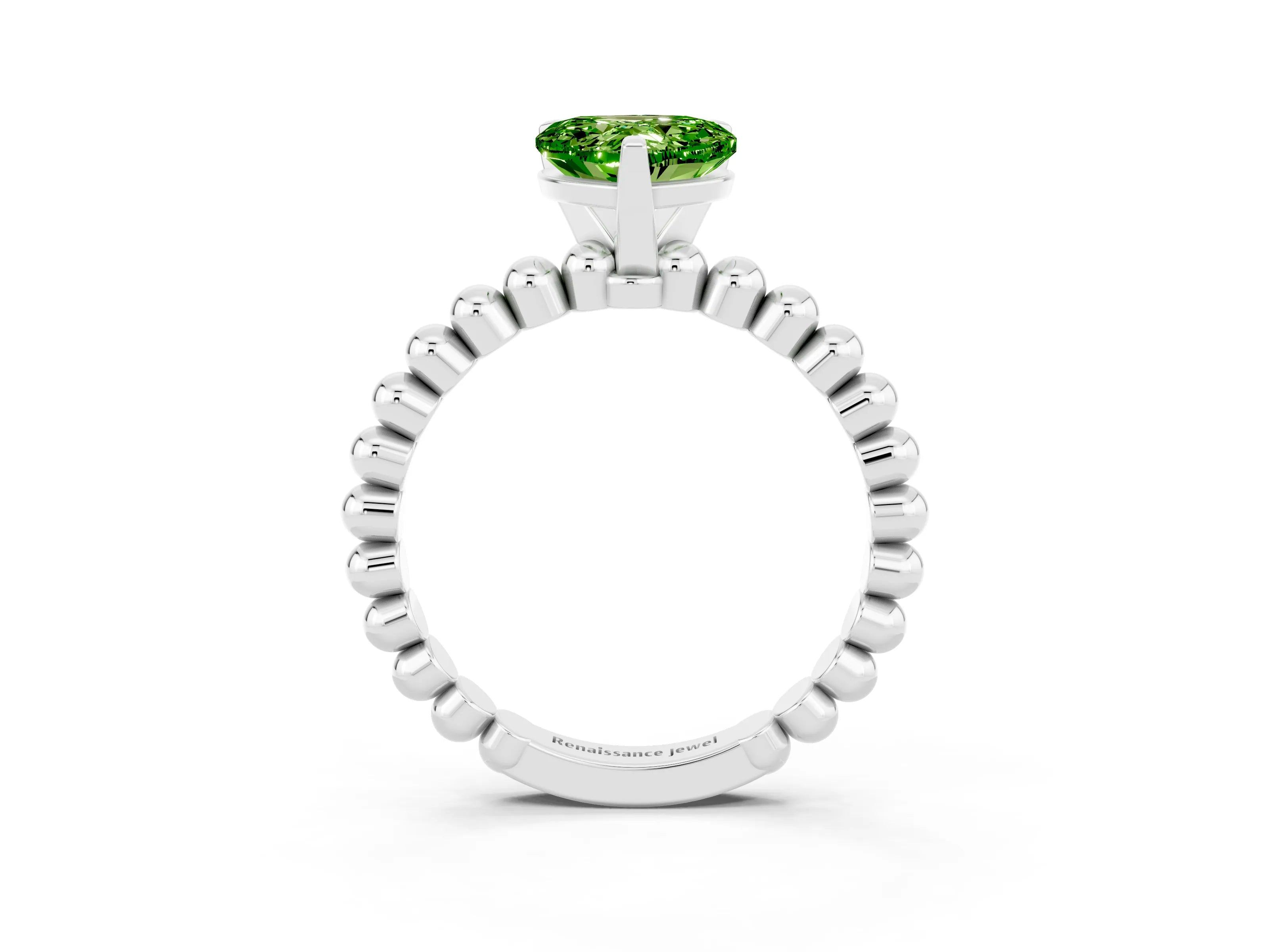White gold Heart Cut Peridot Solitaire Ring with Beaded Band and Prong Setting_15