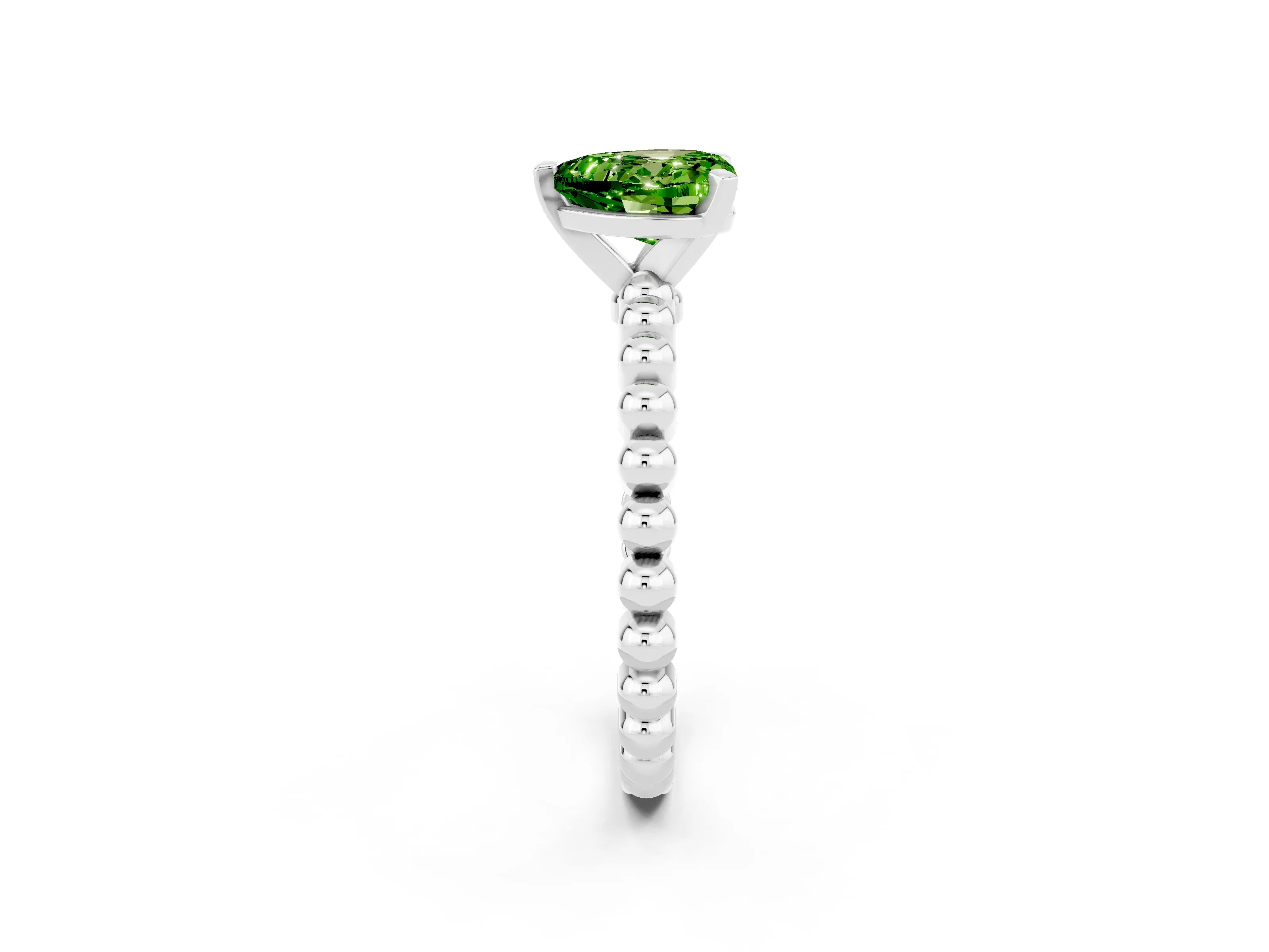 White gold Heart Cut Peridot Solitaire Ring with Beaded Band and Prong Setting_2