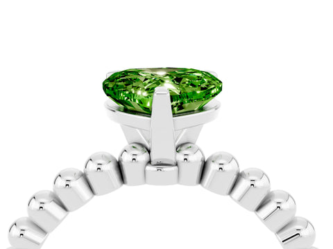 White gold Heart Cut Peridot Solitaire Ring with Beaded Band and Prong Setting_4