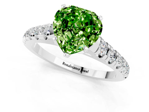 White gold Heart Cut Peridot Solitaire Ring with Cathedral Setting and Pavé Band_1