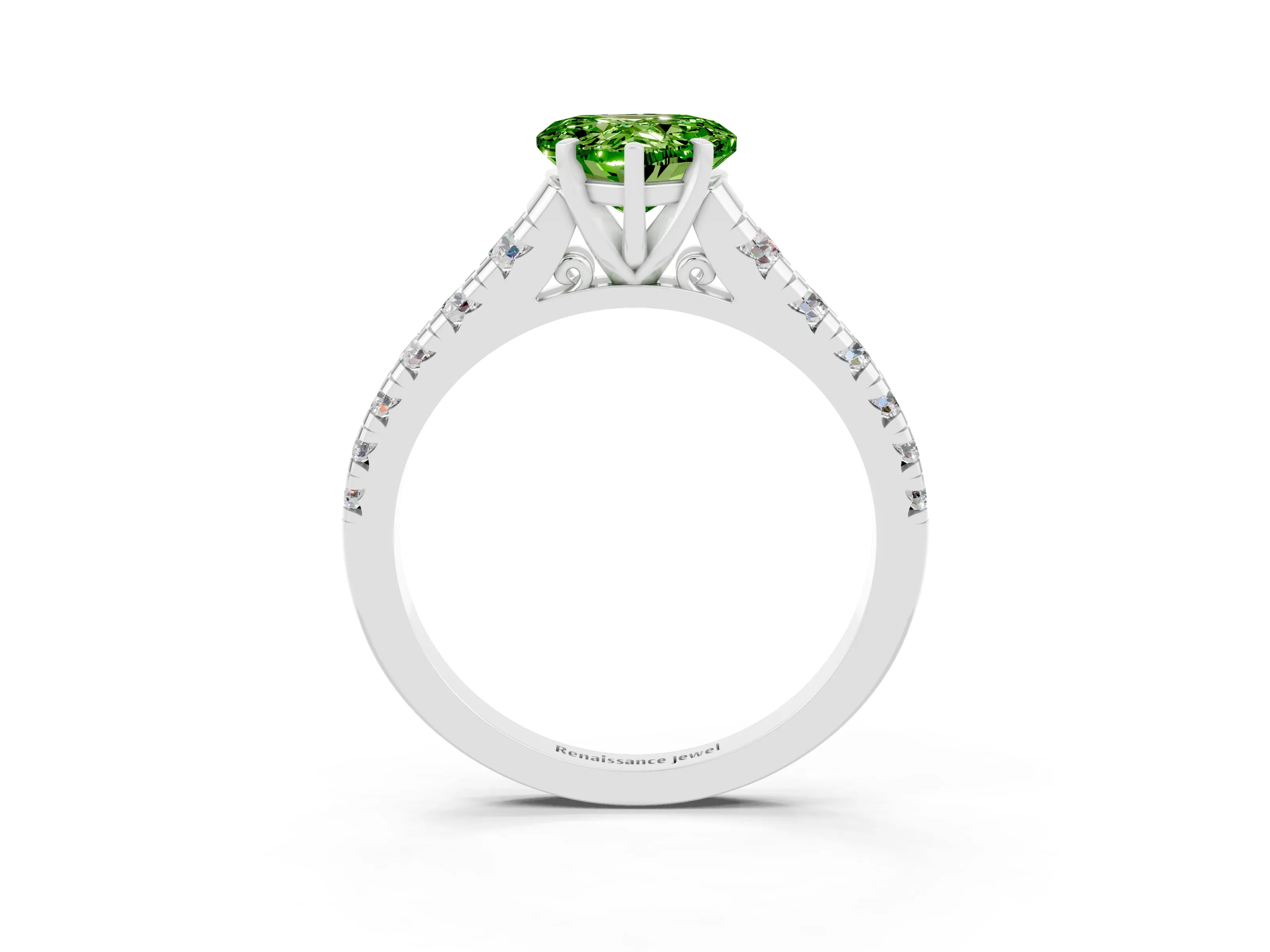 White gold Heart Cut Peridot Solitaire Ring with Cathedral Setting and Pavé Band_3