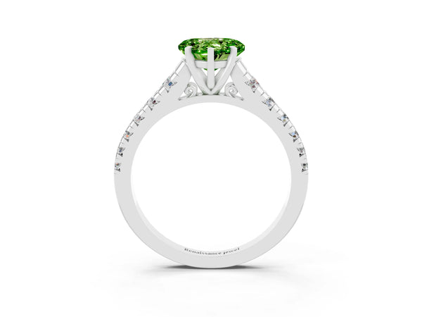 White gold Heart Cut Peridot Cathedral Solitaire Ring with Round  Pavé Band