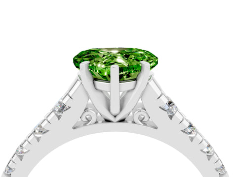 White gold Heart Cut Peridot Solitaire Ring with Cathedral Setting and Pavé Band_4