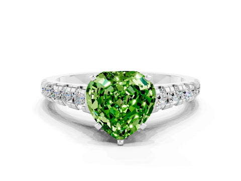 White gold Heart Cut Peridot Solitaire Ring with Cathedral Setting and Pavé Band