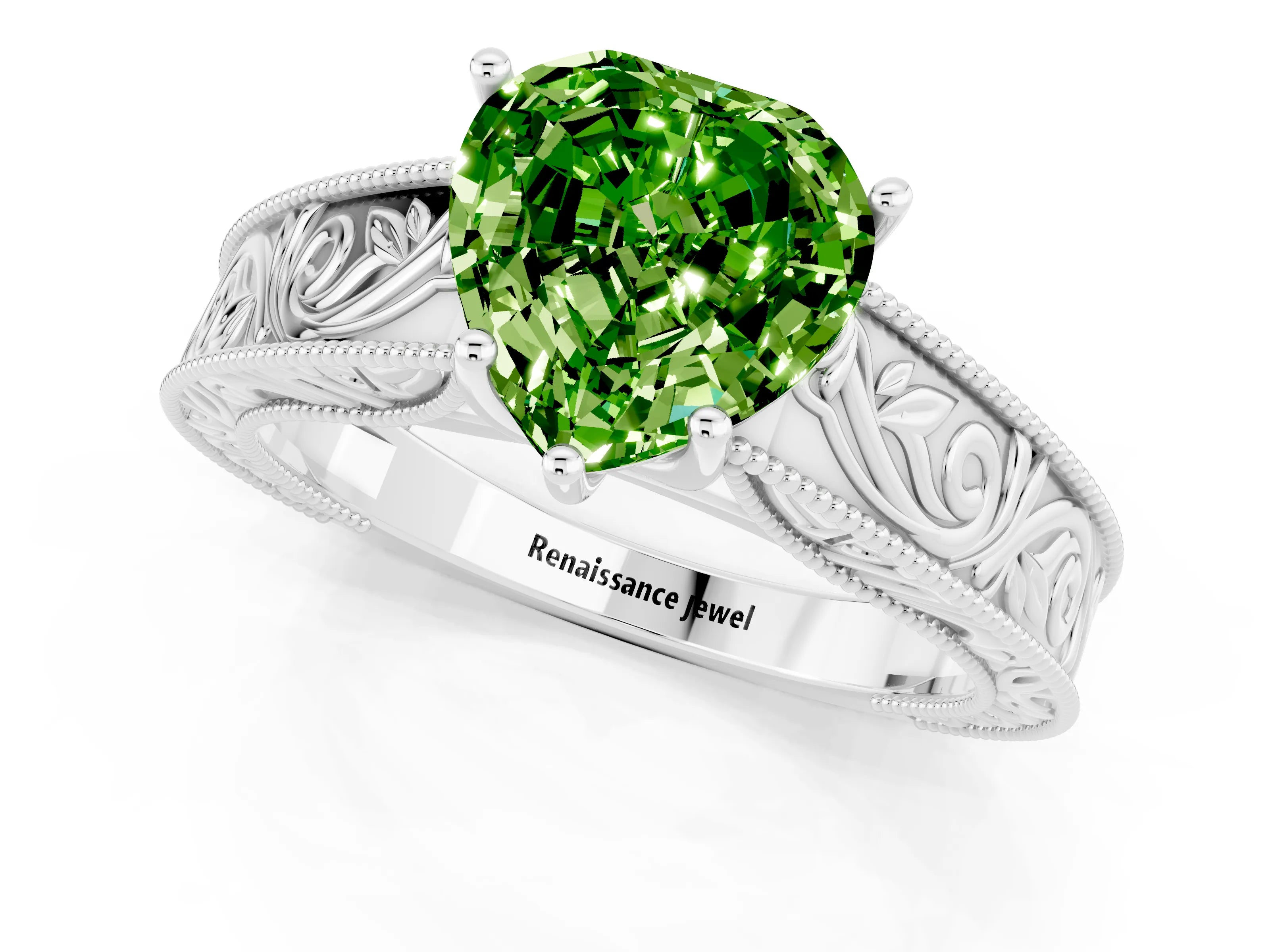 White gold Heart Cut Peridot Solitaire Ring with Engraved Band and Four-Prong Setting_1