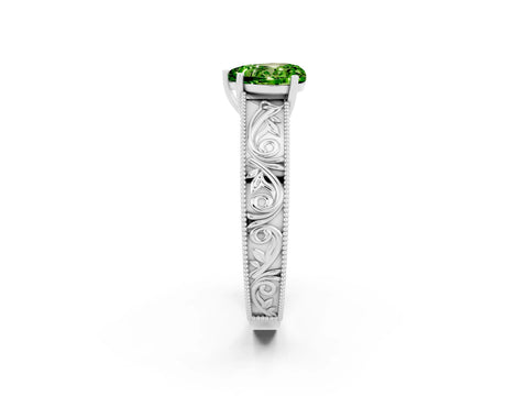 White gold Heart Cut Peridot Solitaire Ring with Engraved Band and Four-Prong Setting_2