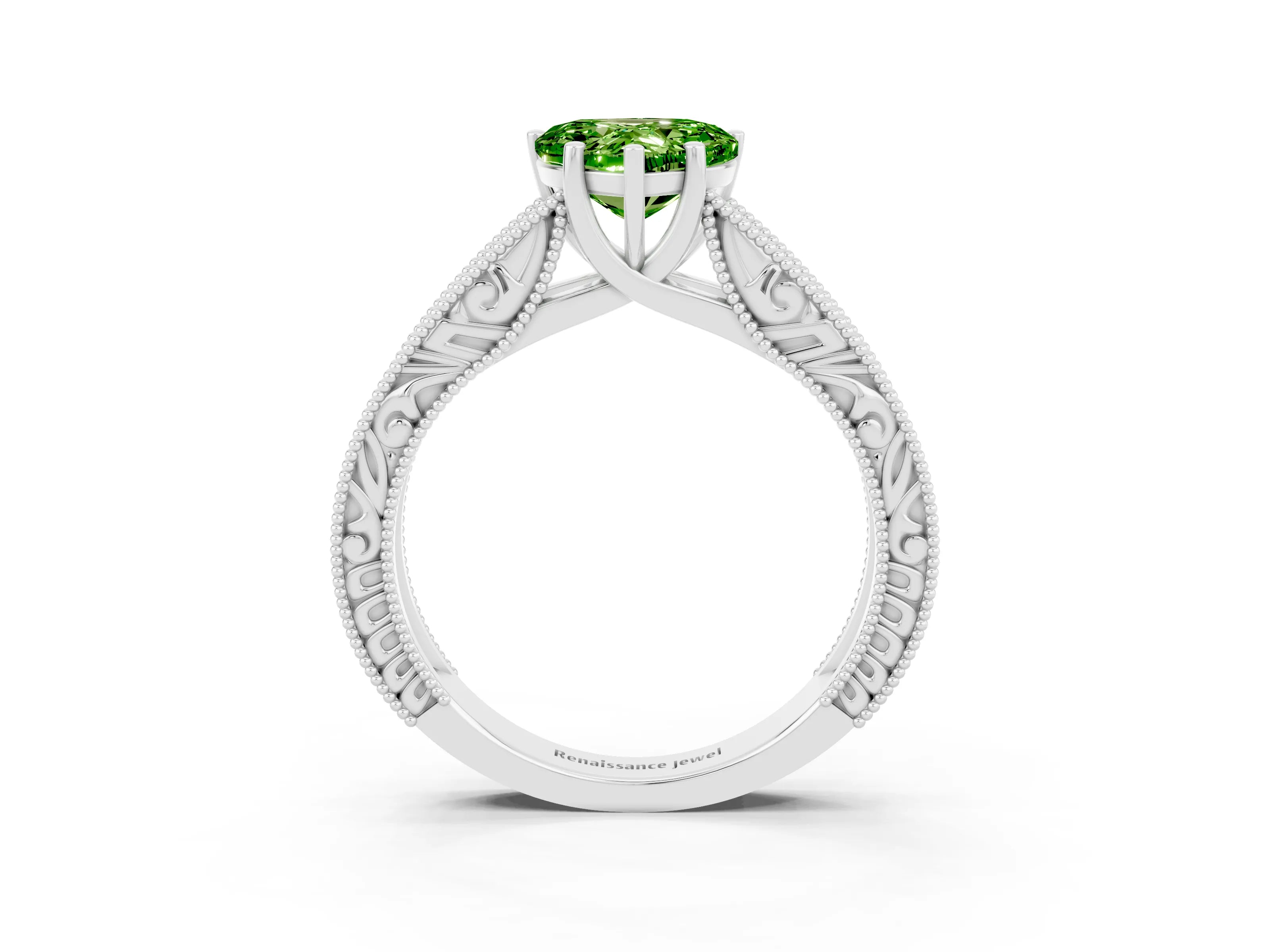 White gold Heart Cut Peridot Solitaire Ring with Engraved Band and Four-Prong Setting_3