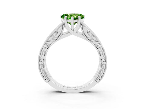 White gold Heart Cut Peridot Solitaire Ring with Engraved Band and Four-Prong Setting_3