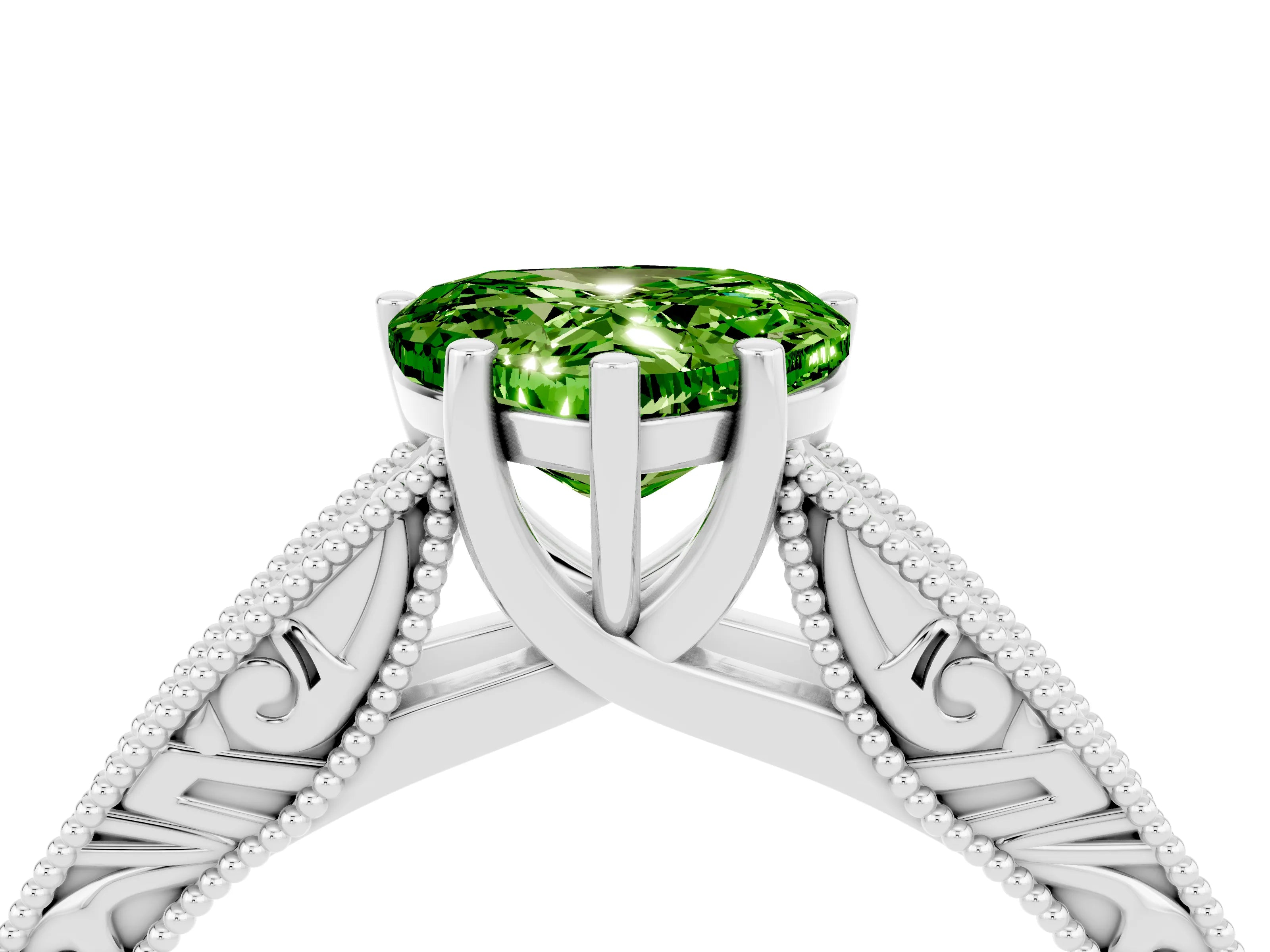 White gold Heart Cut Peridot Solitaire Ring with Engraved Band and Four-Prong Setting_4